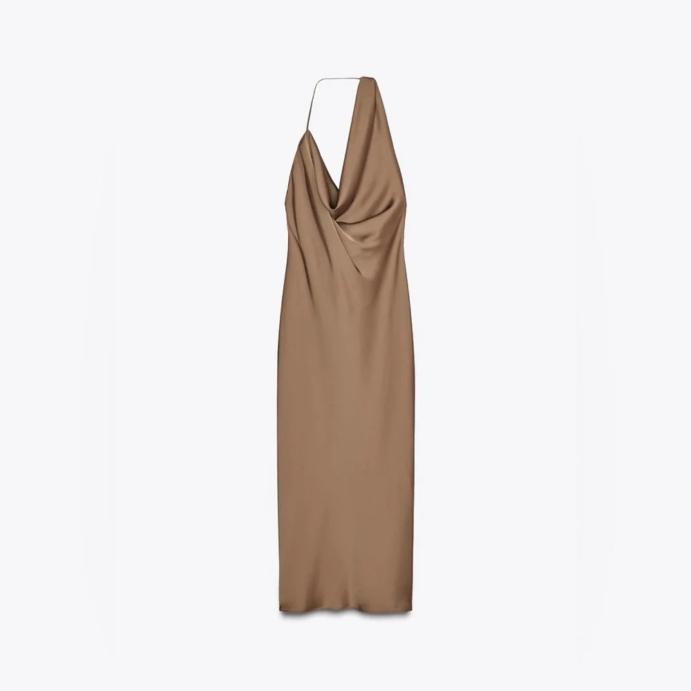 Zara Brown Halter satin maxi Dress evening wedding party cocktail - Picture 3 of 6